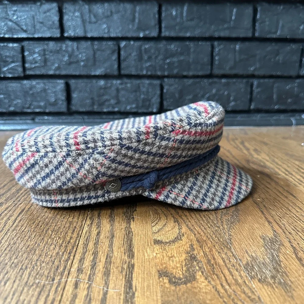 Brixton Fiddler Greek Fisherman Hat Plaid Cotton Newsboy Cap Brown Blue Small